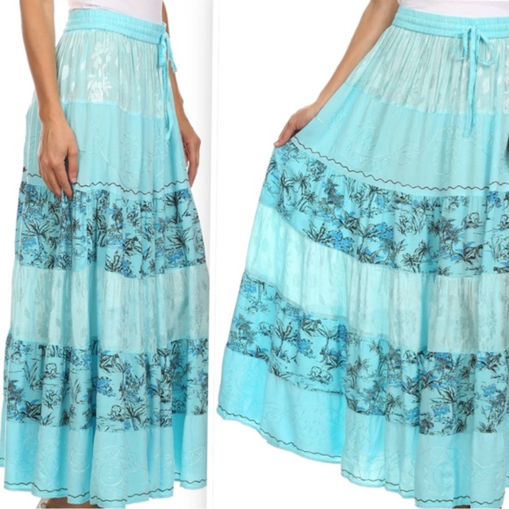 Just Cruisivy Maxi Skirt Boho Hippie Festival Icey Blue Floral Hawaiian Beach OS